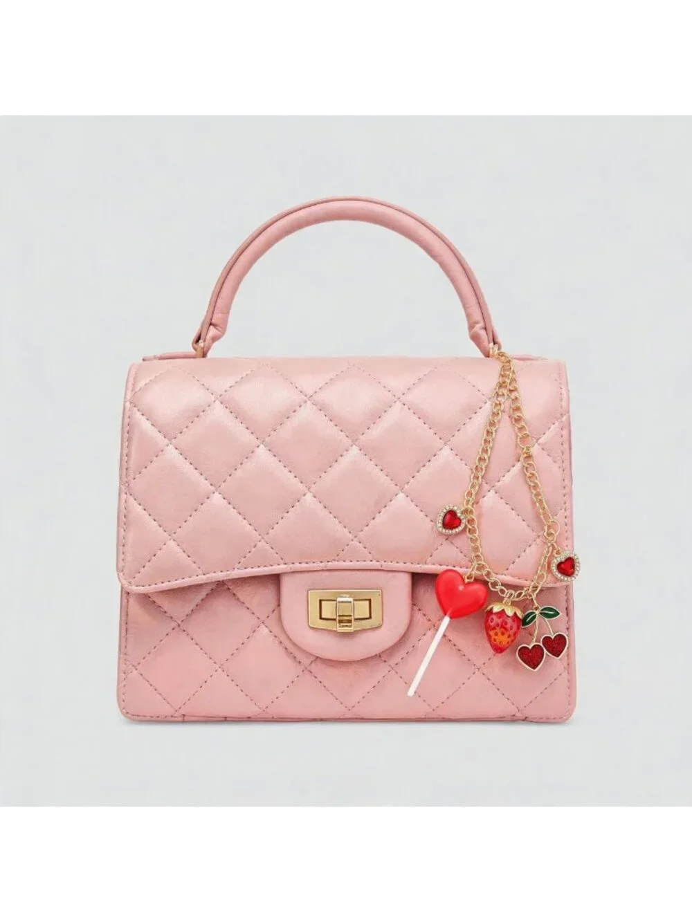 Charming Handbag Accessory: Strawberry Lollipop Heart Keychain with Metal Chain